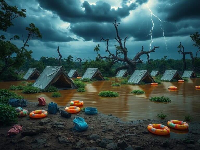 Flick International Flooded summer camp scene with submerged tents and overgrown greenery