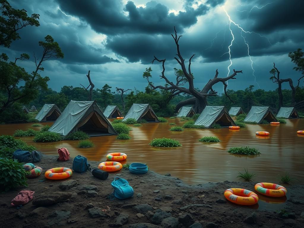 Flick International Flooded summer camp scene with submerged tents and overgrown greenery