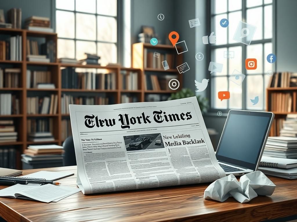 Flick International Conceptual representation of a newspaper office highlighting The New York Times as it deals with social media backlash