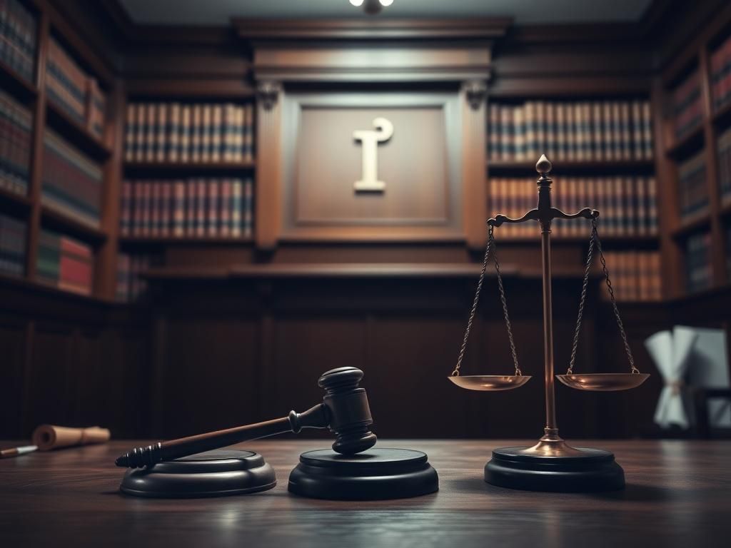 Flick International A courtroom scene featuring a wooden judge's bench and legal books symbolizing justice