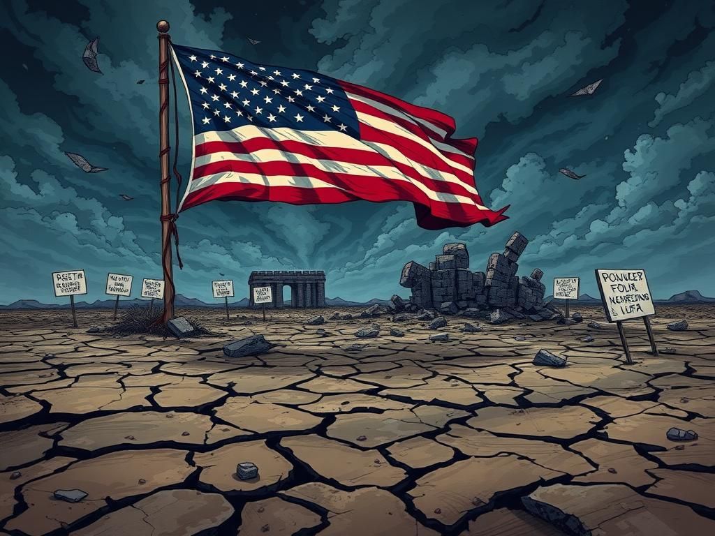 Flick International A cracked earth terrain symbolizing divisions in American politics, featuring a weathered American flag amidst political debris.