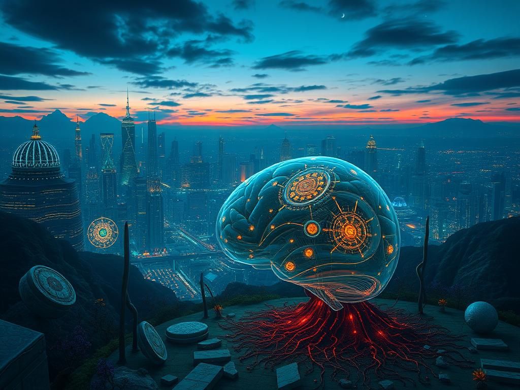 Flick International Surreal landscape depicting artificial intelligence in a digital cityscape