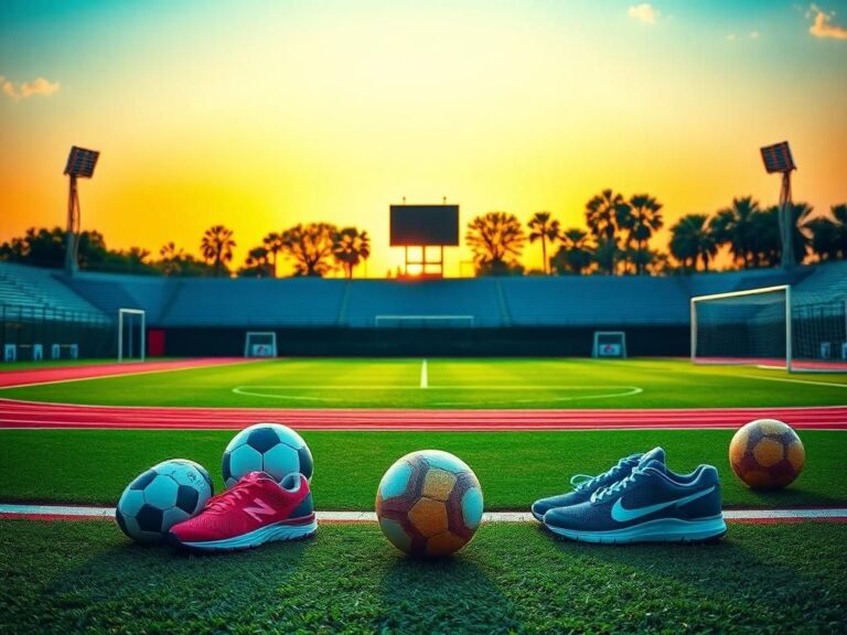 Flick International Women's sports field with running tracks and soccer pitch, featuring sports equipment symbolizing female athletes' determination and strength.