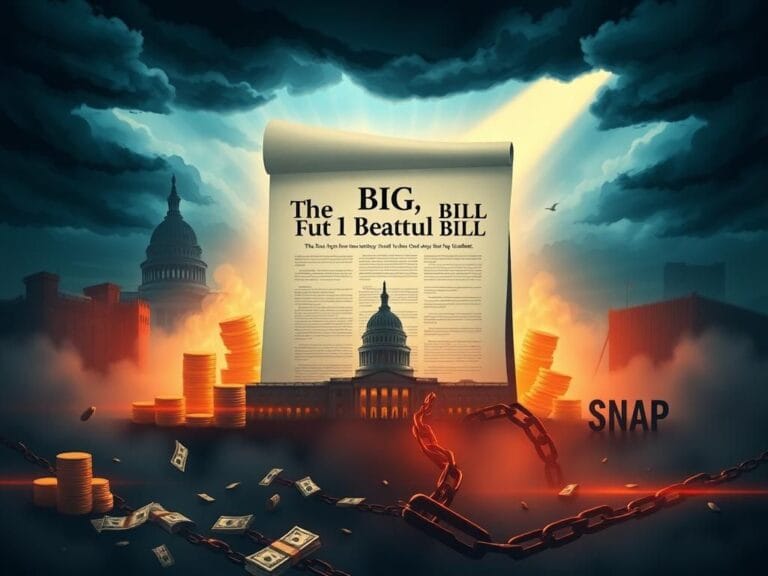 Flick International Dramatic representation of the 'Big, Beautiful Bill' surrounded by symbols of tax cuts and social services