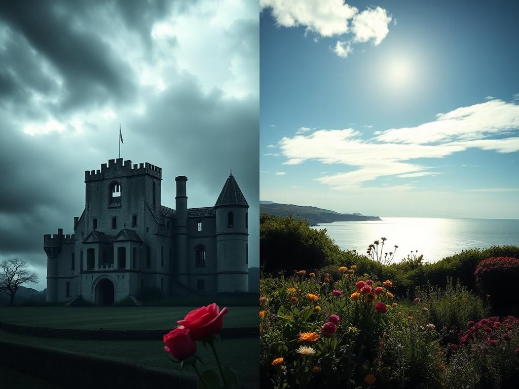 Flick International A contrasting image of a shadowy British castle symbolizing Prince Harry's exile and a vibrant California garden representing Meghan Markle's success.