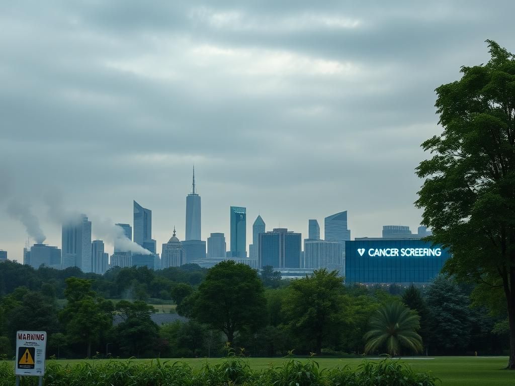 Flick International A serene city skyline under an overcast sky with smoke and pollution blending into the air, highlighting lung cancer risks for non-smokers.