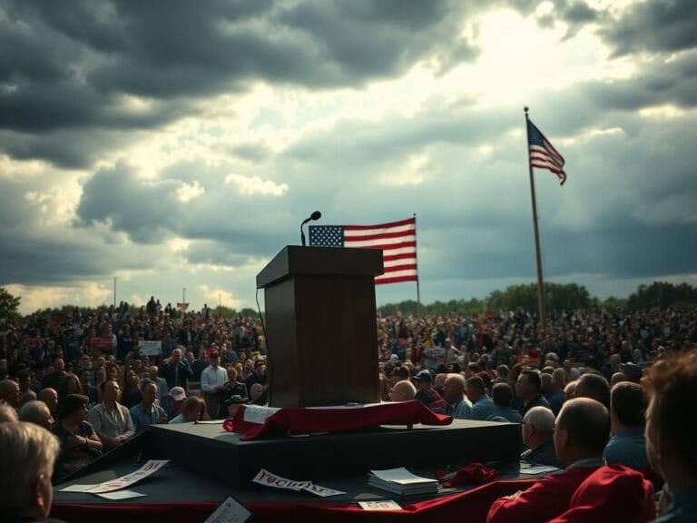 Flick International Large outdoor rally in Butler, Pennsylvania featuring a bustling crowd of supporters and an empty podium.