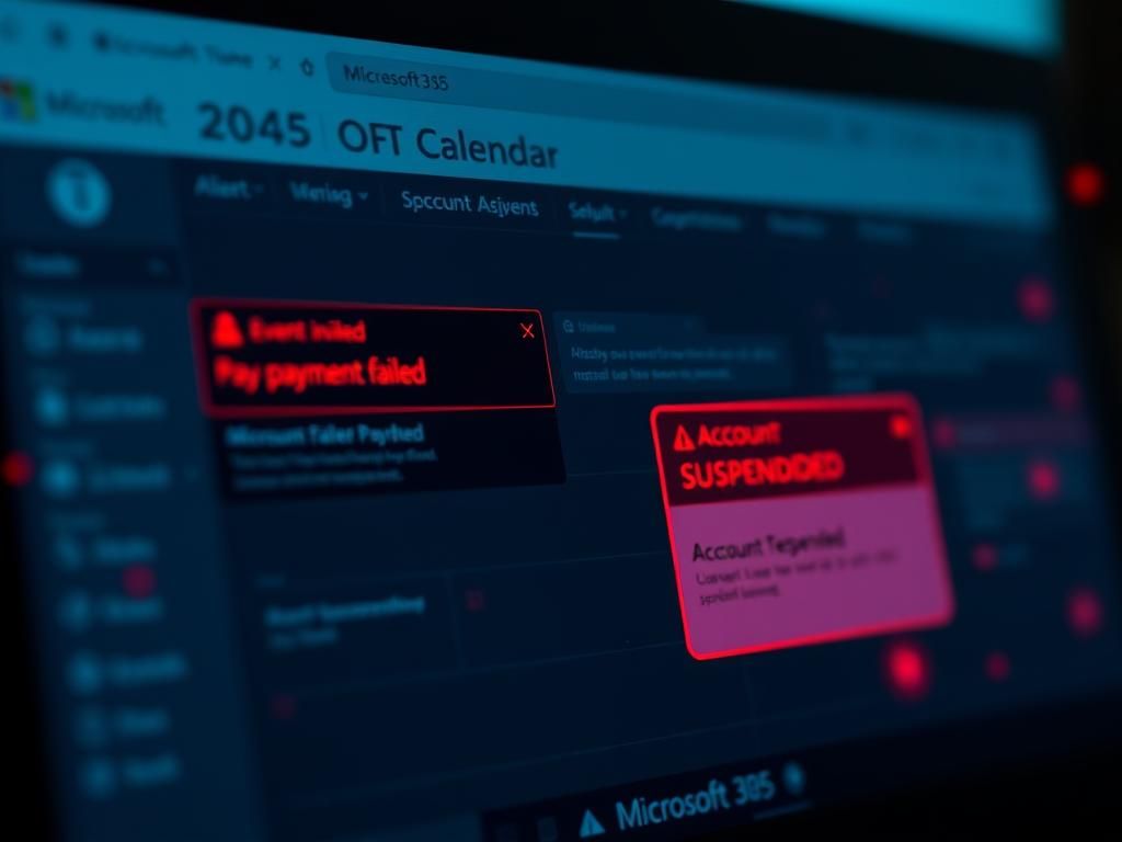 Flick International Close-up of Microsoft 365 calendar screen showing alarming scam notifications