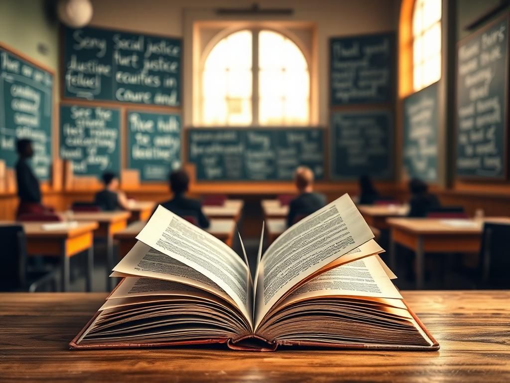 Flick International Open book fluttering in the wind, symbolizing the voice of educators amid a classroom backdrop