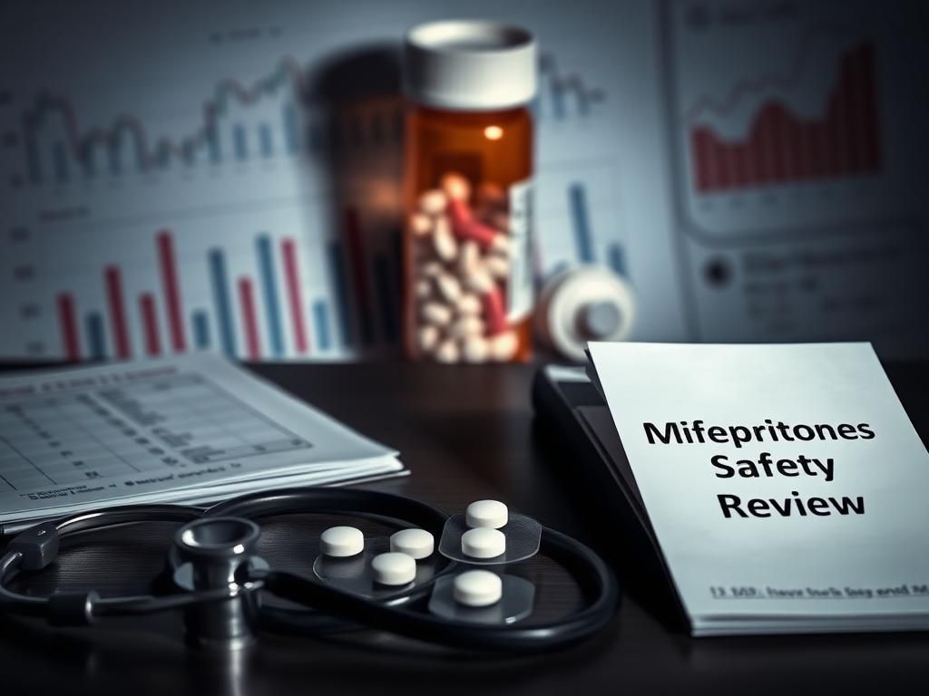 Flick International Clinical setting with medical desk, stethoscope, and mifepristone safety review file