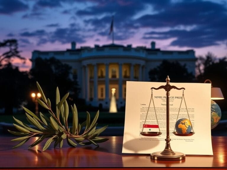 Flick International Illuminated olive branch and Nobel Peace Prize nomination letter on a wooden table at the White House's West Wing under twilight sky.