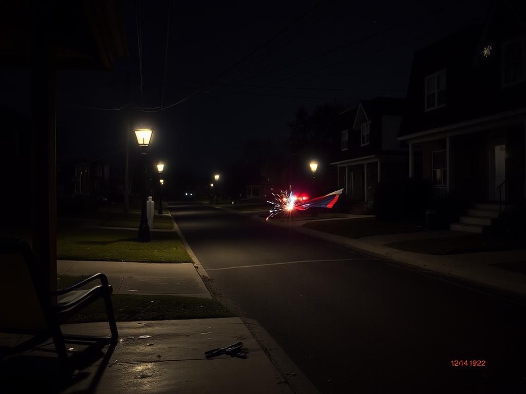 Flick International Night-time scene of a Philadelphia residential neighborhood marked by debris and police lights after gunfire incidents