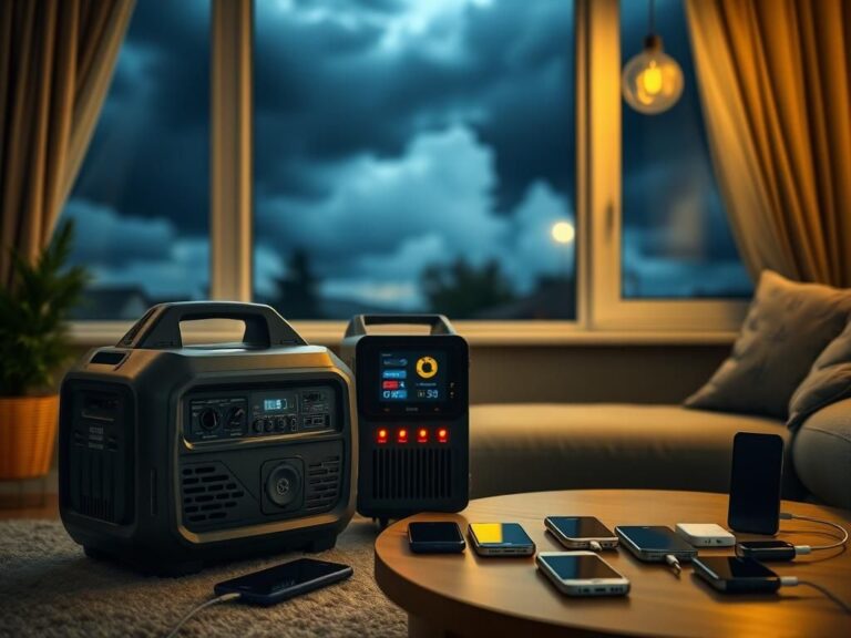Flick International A cozy home setting featuring a modern generator and a stylish portable power station during a stormy evening
