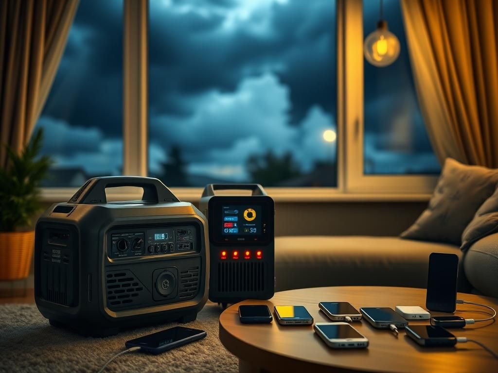Flick International A cozy home setting featuring a modern generator and a stylish portable power station during a stormy evening