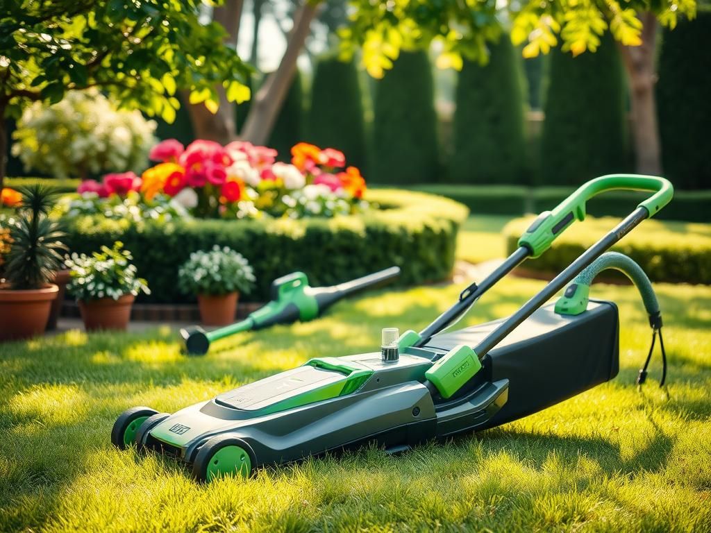 Flick International A serene garden scene featuring a cordless lawn mower, leaf blower, and garden hose on freshly cut grass