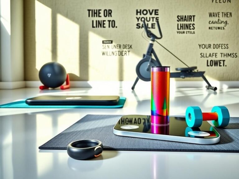 Flick International A vibrant home gym setup showcasing fitness equipment, Oura Ring, and a smart scale on a polished floor.