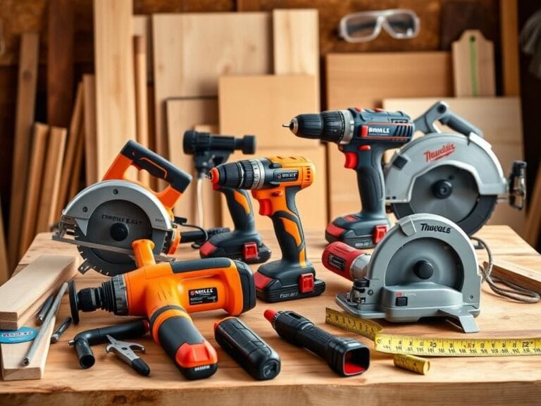 Flick International Dynamic workspace featuring high-quality power tools on a wooden workbench