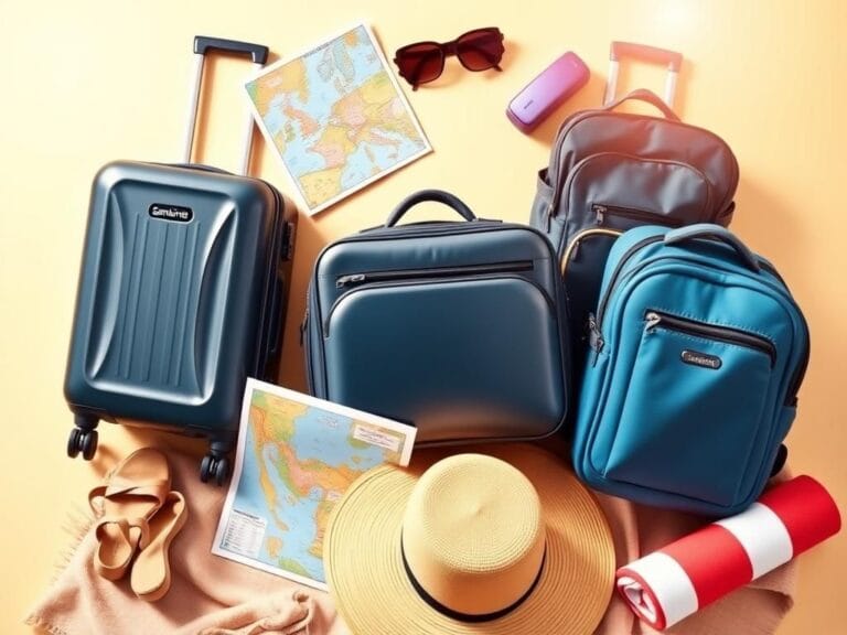 Flick International A vibrant flat lay featuring stylish luggage from Samsonite and Travelpro surrounded by travel essentials.