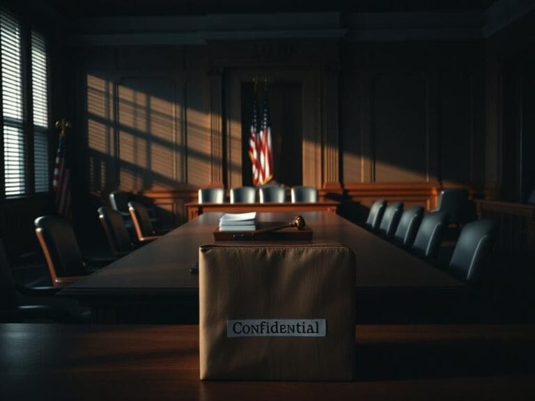 Flick International A dimly lit congressional hearing room with a large wooden table and empty chairs