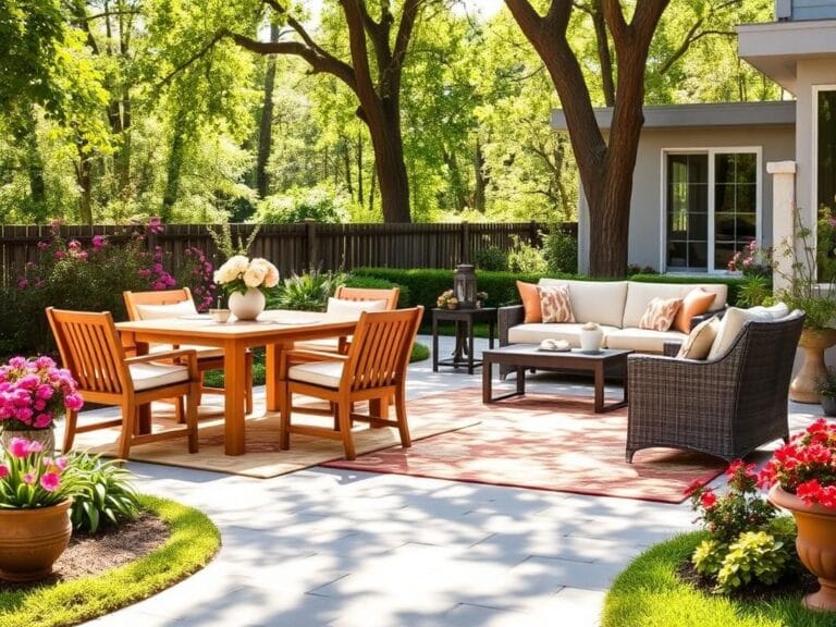 Flick International A serene outdoor patio with stylish furniture and vibrant floral elements