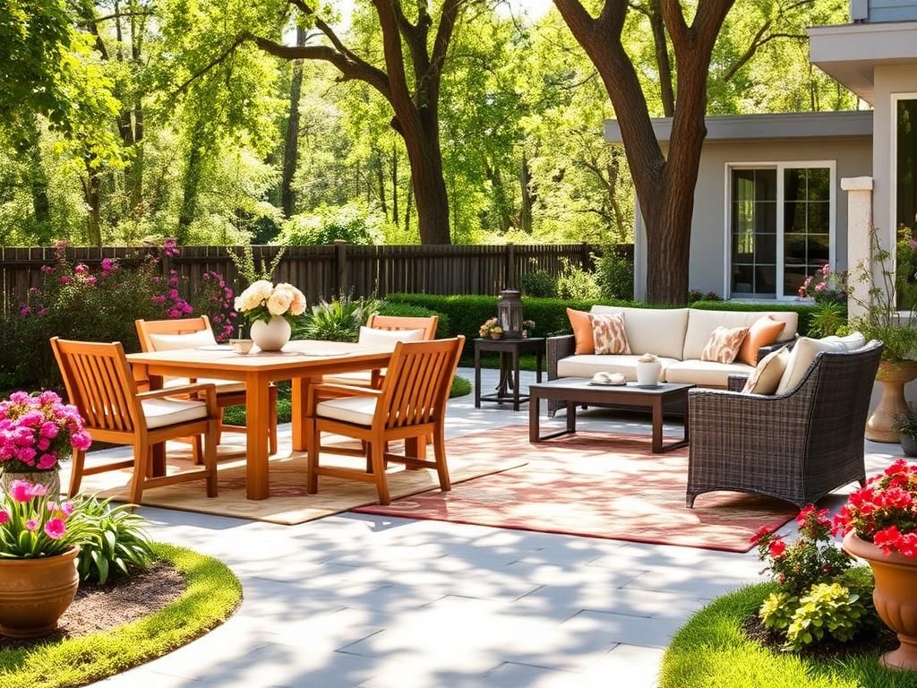 Flick International A serene outdoor patio with stylish furniture and vibrant floral elements