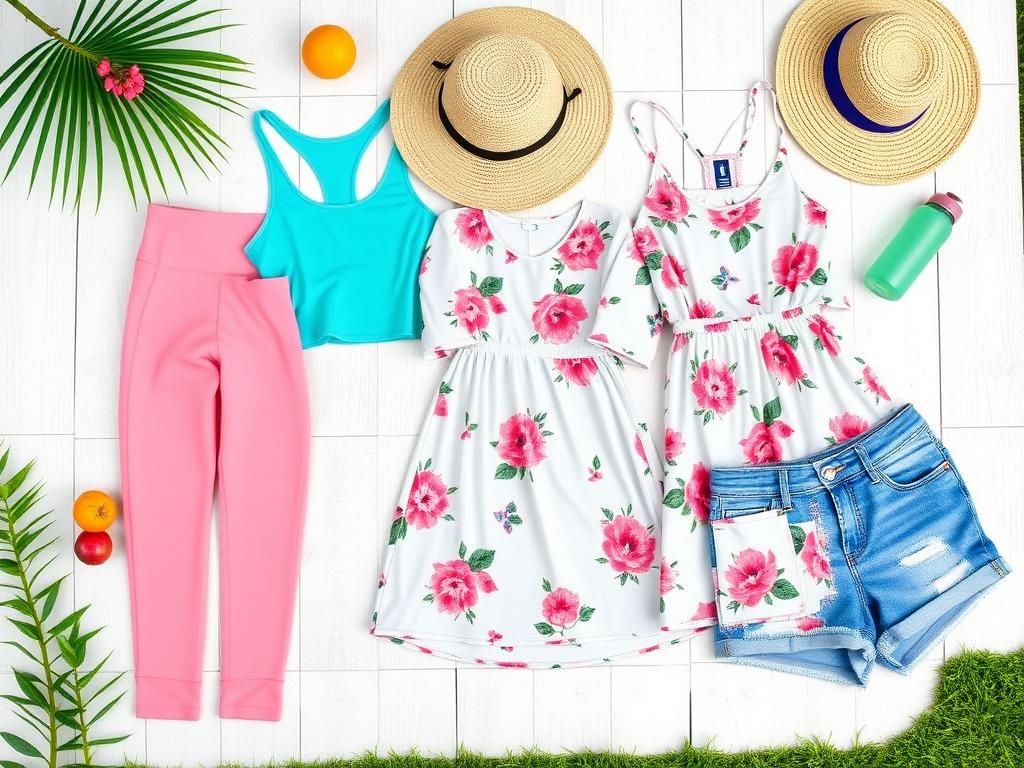 Flick International Vibrant flat lay of women's workout clothes and sundresses