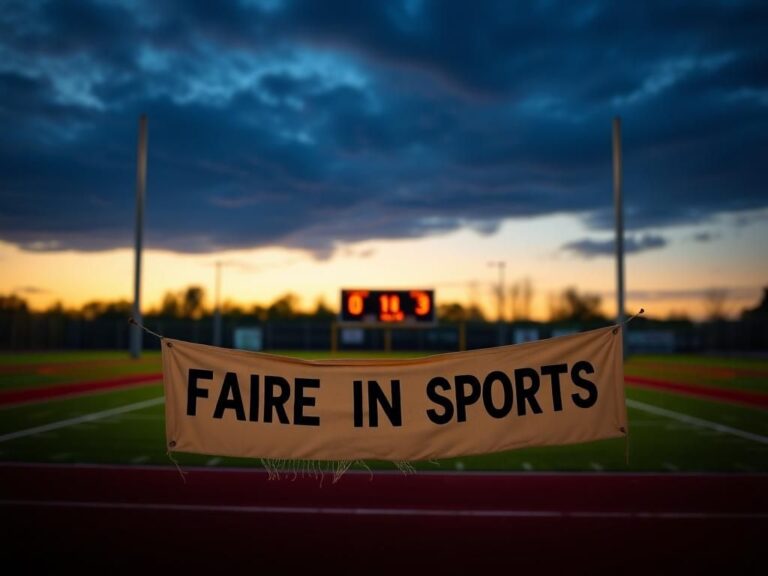 Flick International A vibrant sports field at dusk with silhouettes of goal posts and a frayed 'Fairness in Sports' banner
