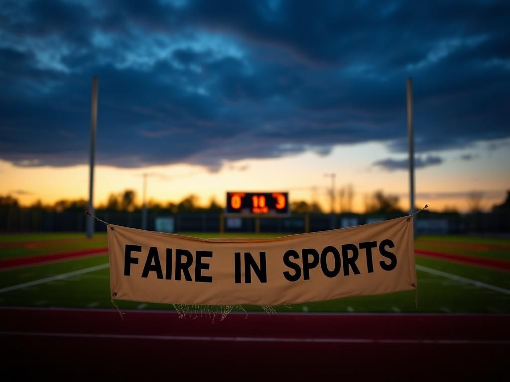Flick International A vibrant sports field at dusk with silhouettes of goal posts and a frayed 'Fairness in Sports' banner