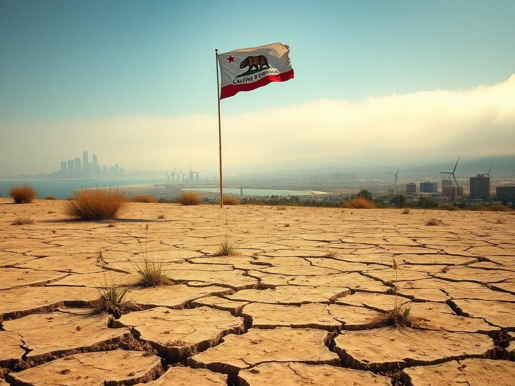 Flick International Cracked dry earth with sparse grass illustrating California's drought impact