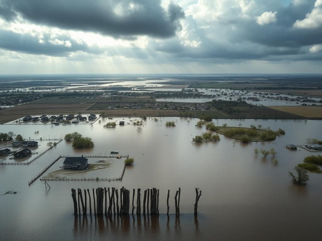 Flick International Aerial view of Texas flooding showing homes and fields submerged in water