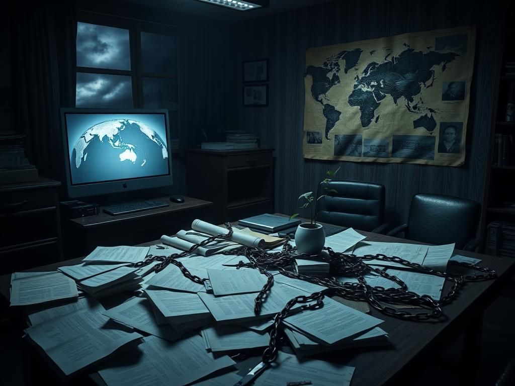 Flick International Dimly lit office with scattered documents symbolizing bureaucratic disarray