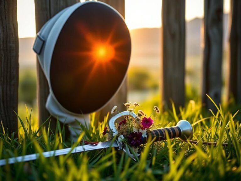 Flick International Close-up of a fencing mask against a wooden fence with the Italian countryside in the background at sunset