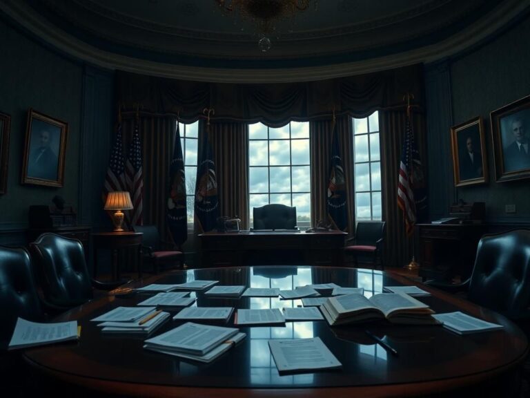 Flick International Dimly lit Oval Office with a presidential desk and scattered documents