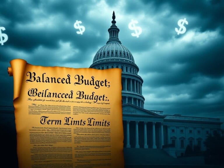 Flick International Abstract representation of the U.S. Capitol building with a scroll of the Constitution featuring 'Balanced Budget' and 'Term Limits'