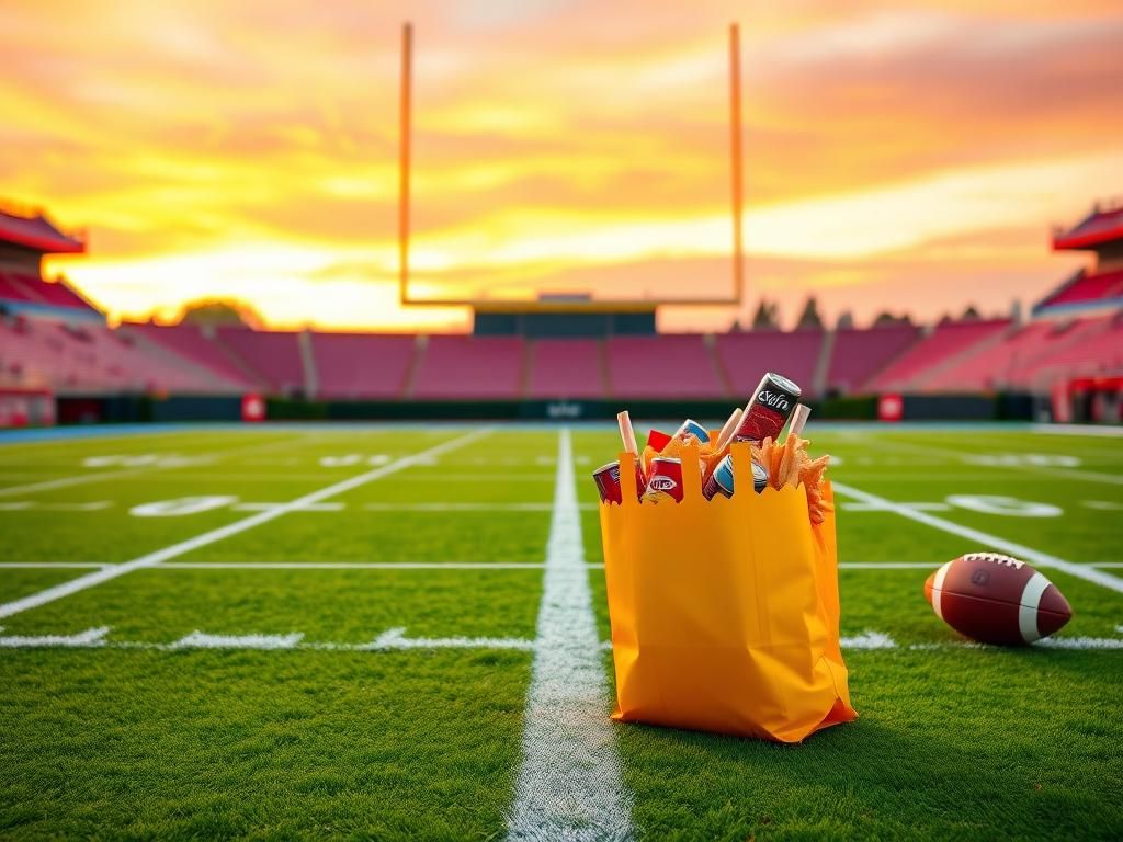 Flick International A vibrant empty football field at sunset with fast food items in the foreground