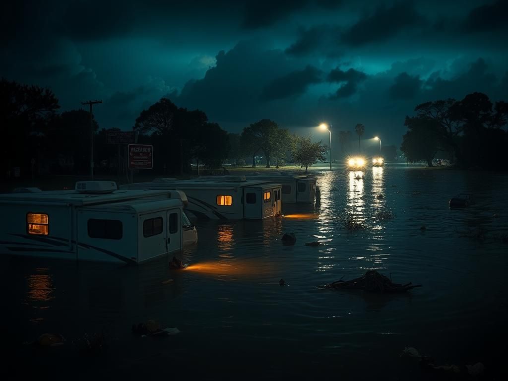 Flick International A Texas RV park partially submerged in floodwaters at night