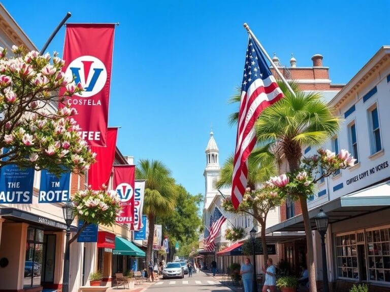 Flick International Vibrant South Carolina street scene showcasing historical architecture and southern charm with patriotic banners