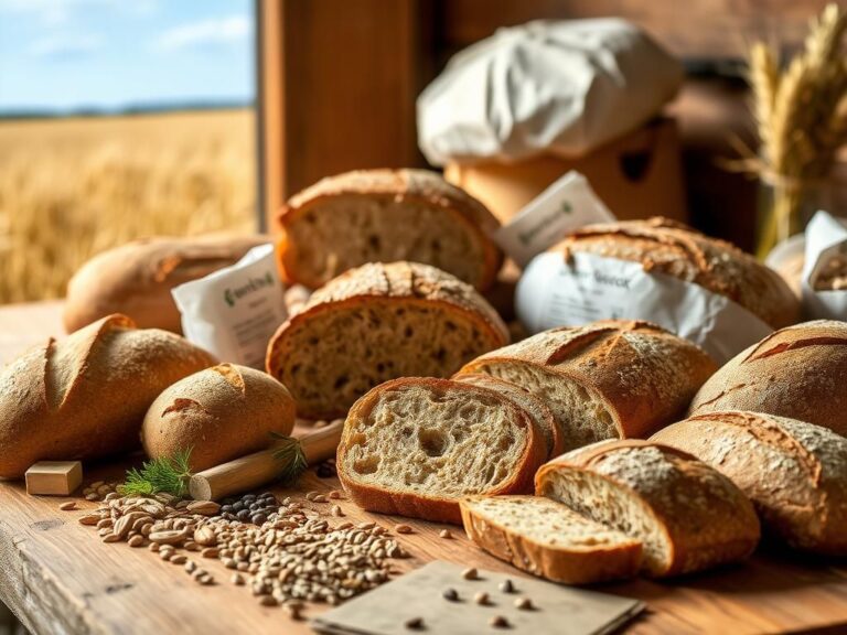 Flick International A rustic wooden table featuring a variety of healthy whole-grain breads and fresh ingredients.