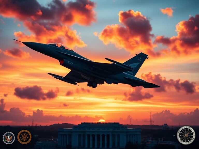 Flick International A U.S. Air Force F-16 fighter jet soaring through a vibrant sunset sky with the Pentagon silhouetted below