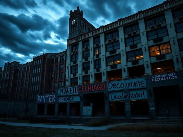 Flick International Stark urban landscape featuring the University of Chicago campus at dusk with graffiti showcasing leftist sentiments