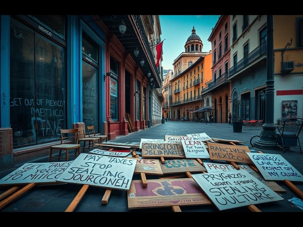 Flick International Protest signs and empty storefronts in Mexico City highlighting anti-tourism sentiment