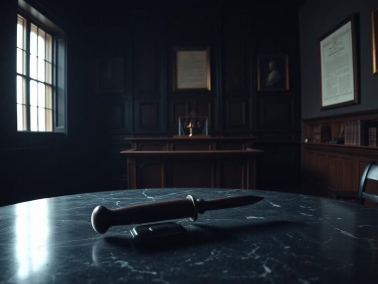 Flick International A dimly lit courtroom with a wooden judge's bench and a shadowy knife sheath on a black marble table