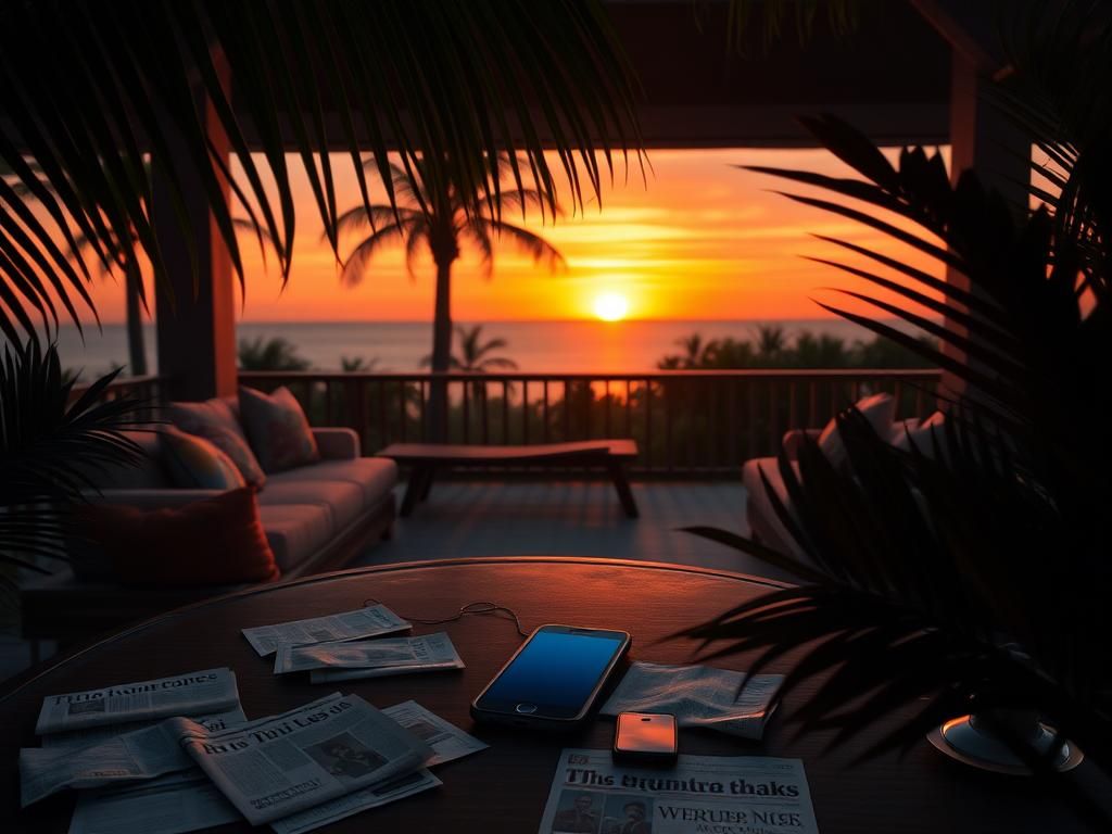 Flick International A somber scene in a tropical villa highlighting an empty lounge and a smartphone symbolizing isolation.