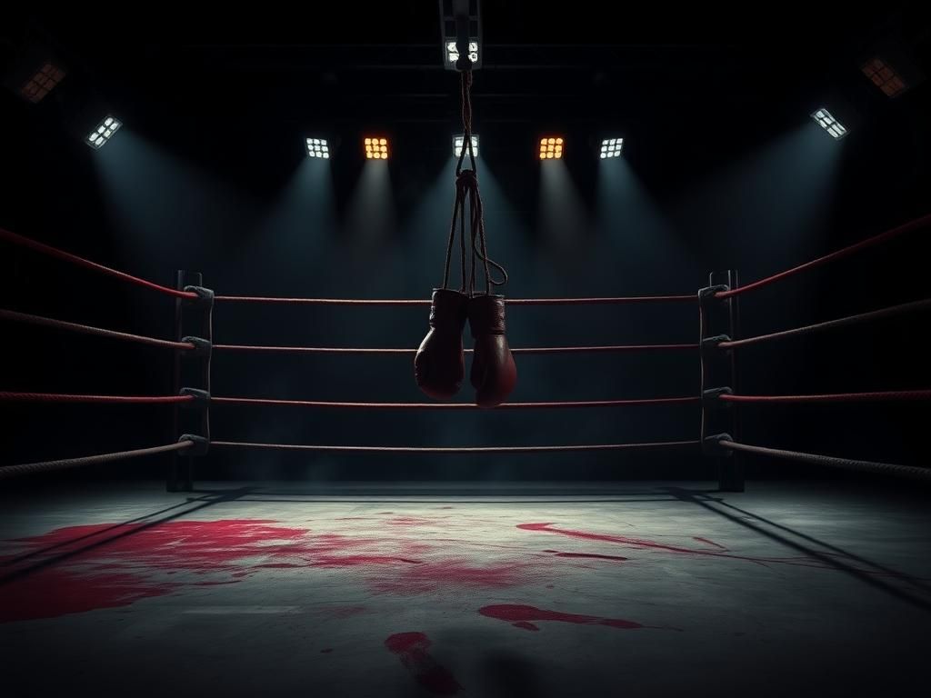 Flick International A dramatic boxing ring with shadowy lighting and bloodstained footprints