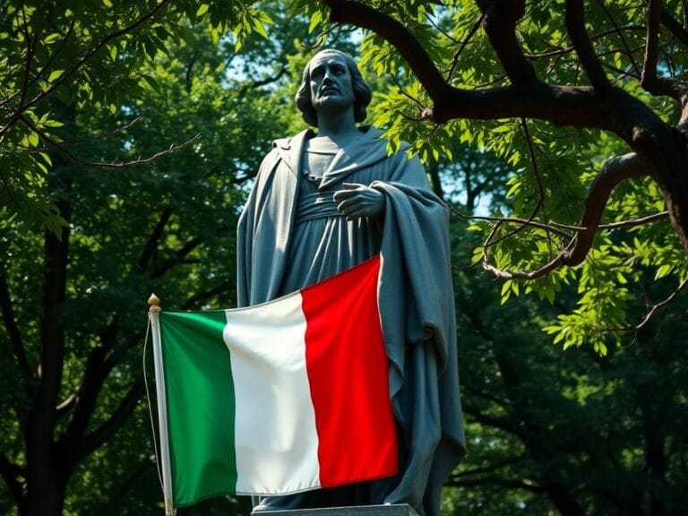 Flick International Close-up view of a weathered statue of Christopher Columbus surrounded by greenery, symbolizing cultural debate