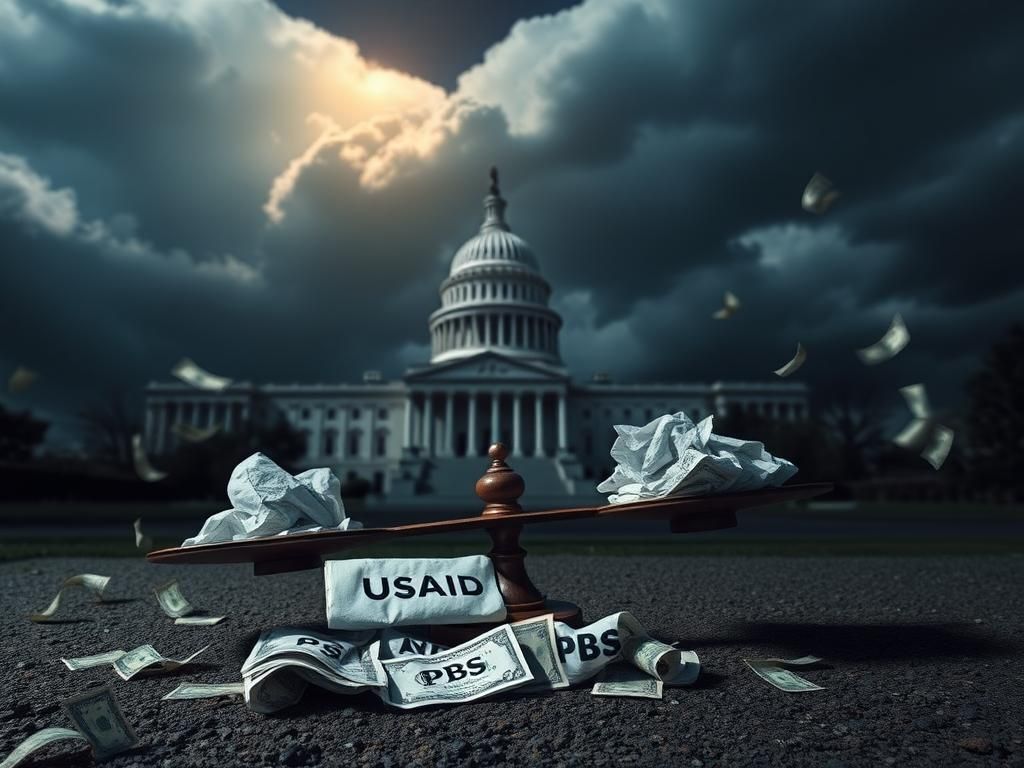 Flick International Dramatic scene of the U.S. Capitol with storm clouds and a broken balance scale representing funding cuts