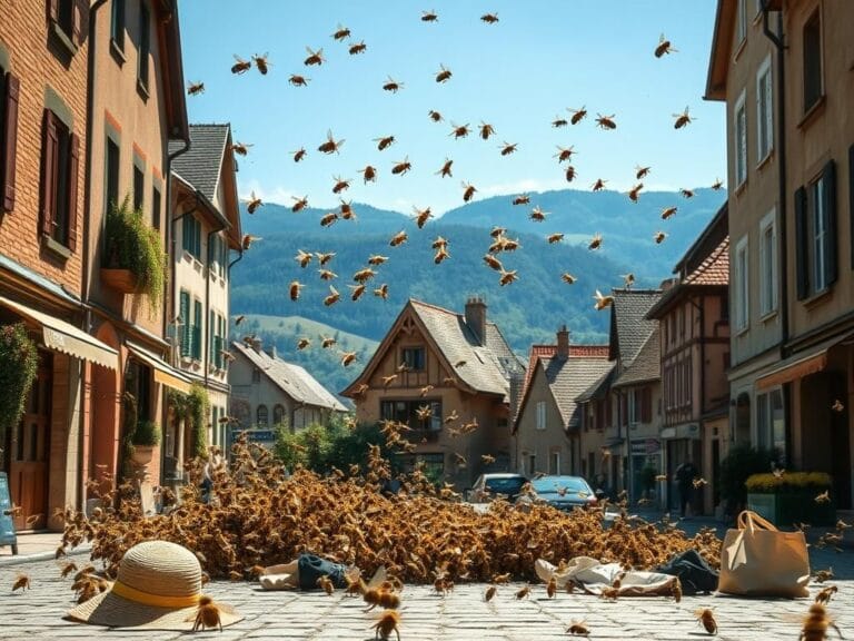 Flick International Dense swarm of bees buzzing aggressively in a picturesque French alpine town