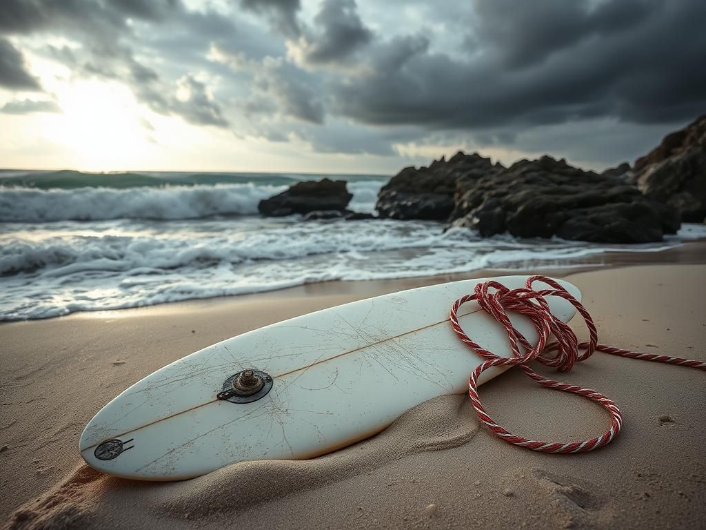Flick International Dramatic seascape showing turbulent waves and a broken surfboard at New Smyrna Beach, Florida