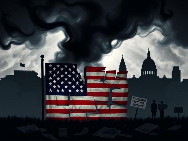 Flick International A dramatic abstract representation of an authoritarian regime with a fragmented American flag in the foreground.