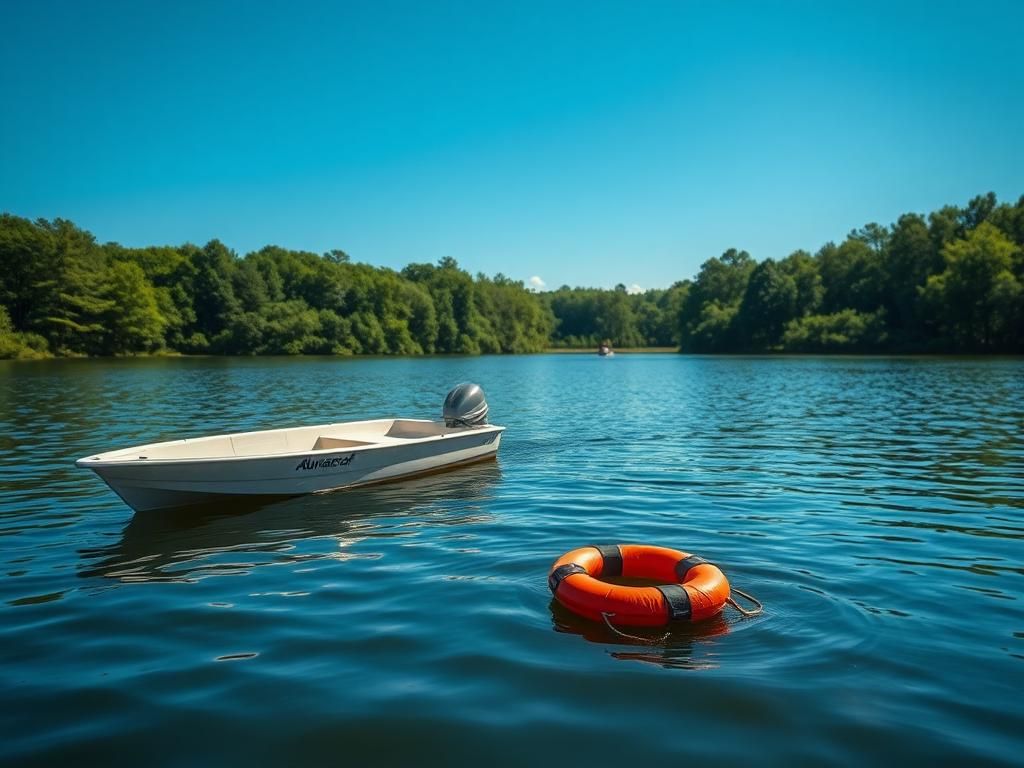 Flick International Empty Alumacraft boat swaying on Lake Greenwood, reflecting sunlight